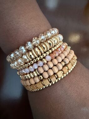 Stacked Gold and Nude Bead Bracelet Set - Women Jewelry